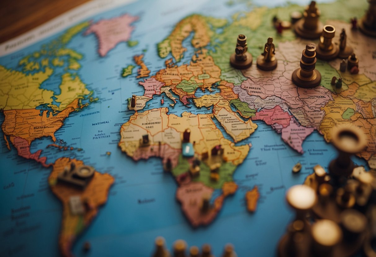 A colorful map of the world surrounded by cultural symbols and artifacts, representing diverse heritages. A group of children eagerly learning and sharing stories about their ancestry