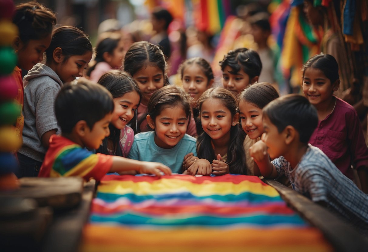 A group of children gather around a colorful display of cultural artifacts, engaging in activities that promote pride and appreciation for their heritage