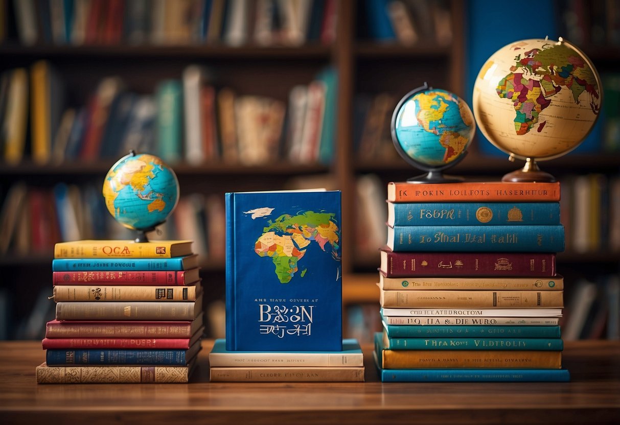 Children's books stacked on a table, each cover depicting diverse cultures. A globe and flags in the background. The scene conveys the importance of cultural awareness in childhood