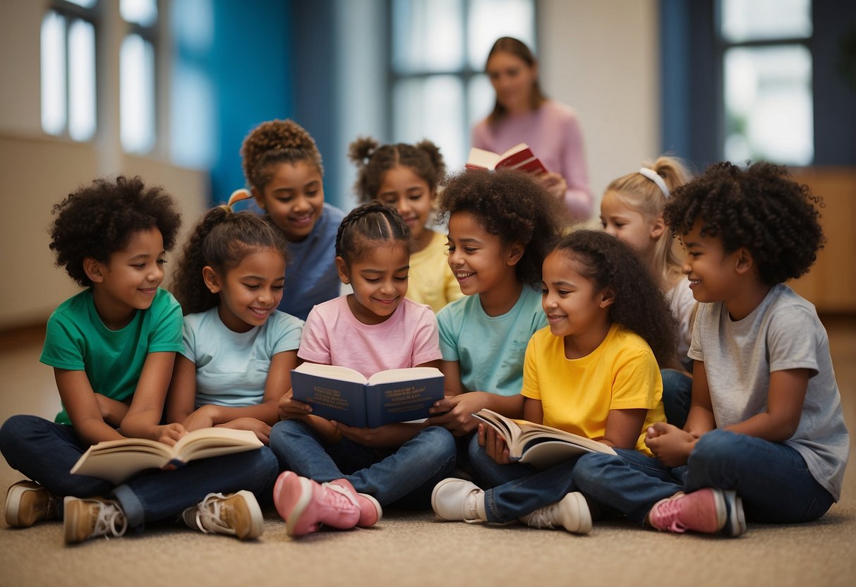 A diverse group of children sit in a circle, reading books that depict their cultural backgrounds. The books are filled with colorful illustrations and captivating stories that help the children understand and appreciate their heritage