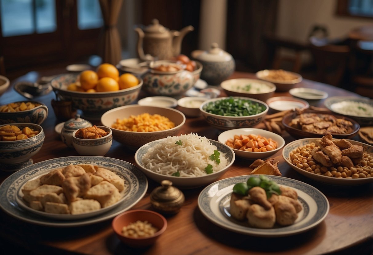 A family table with traditional dishes, colorful decorations, and cultural artifacts displayed