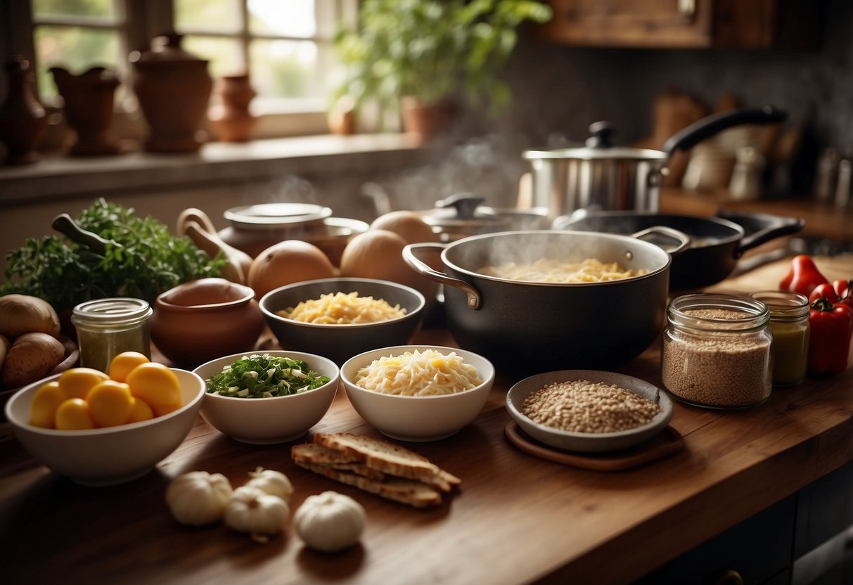 A table set with ingredients, pots, and pans. A recipe book open to a traditional family dish. A warm, inviting kitchen filled with the aroma of cultural heritage