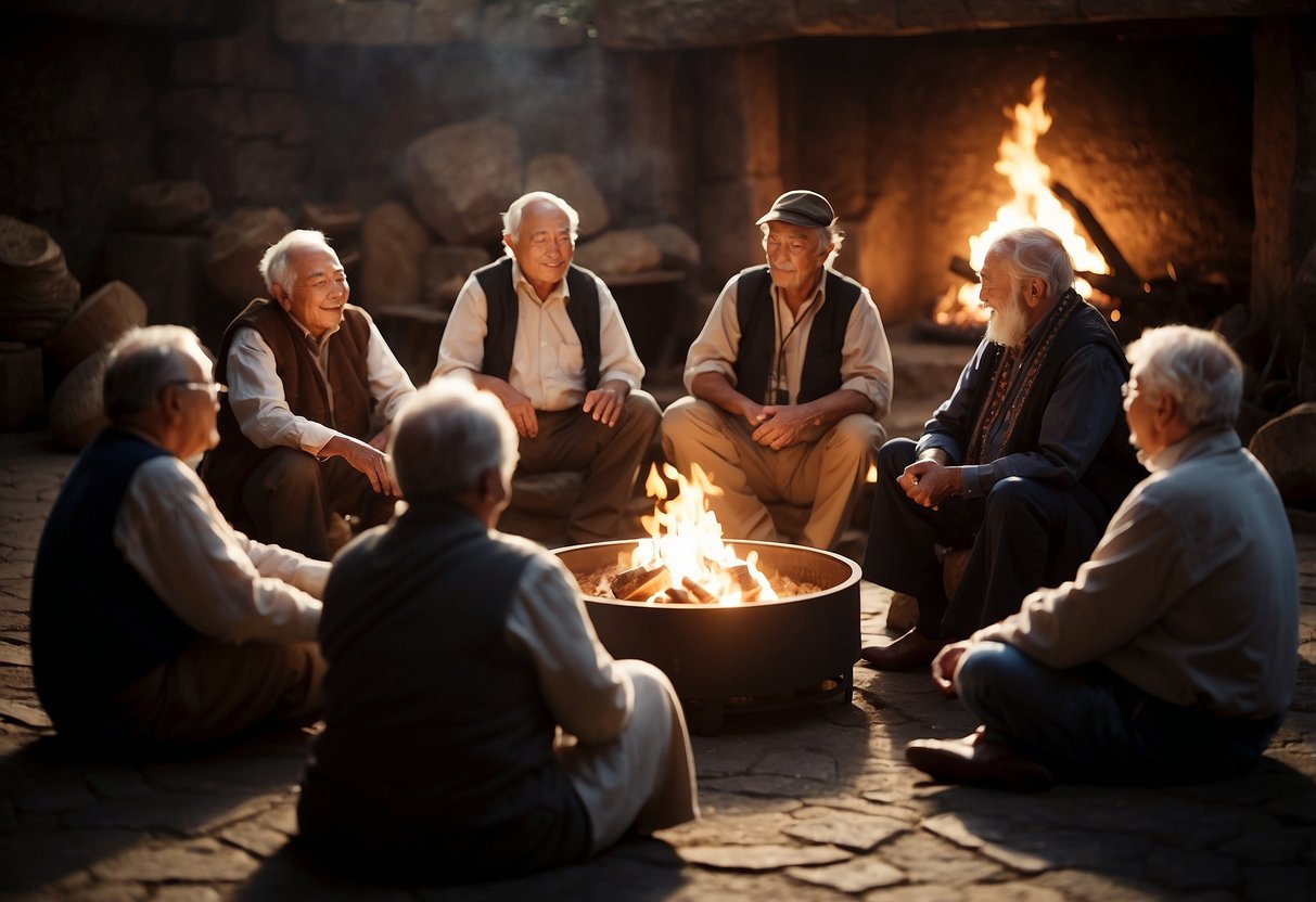 A circle of elders sit around a crackling fire, passing down stories and traditions through animated gestures and expressive faces. Symbols of cultural heritage adorn the space, creating a warm and inviting atmosphere