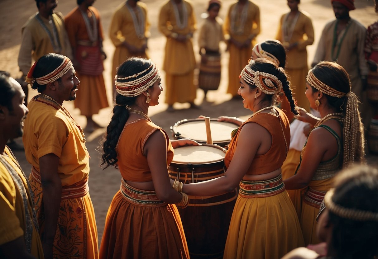 A group of people gather in a circle, dressed in traditional attire, moving to the beat of drums and music, showcasing various cultural dances from around the world