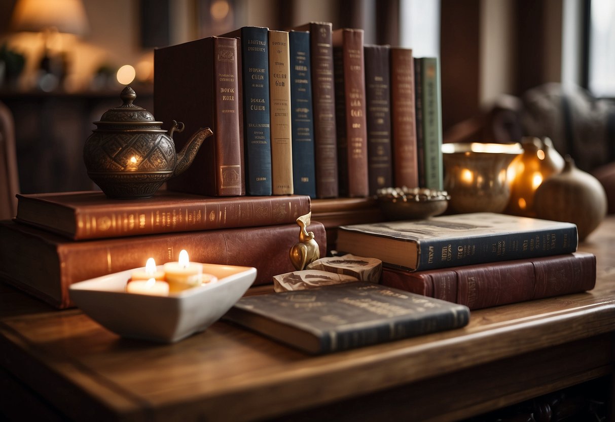 A cozy living room with a diverse selection of heritage-themed books displayed on a wooden shelf. A table is set with traditional cultural artifacts and snacks, inviting readers to gather for a book club discussion