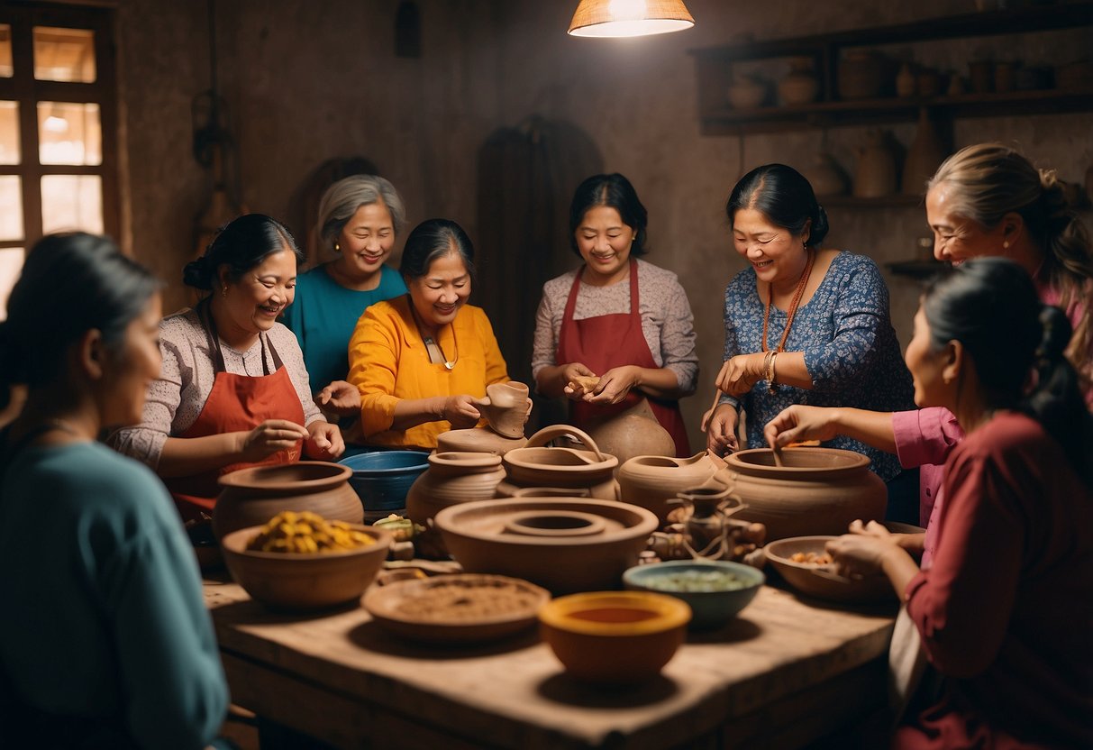 A group of people gather around a table, engaging in traditional cultural activities such as pottery making, weaving, and cooking. The room is filled with vibrant colors and the sound of laughter as they honor their heritage through these workshops