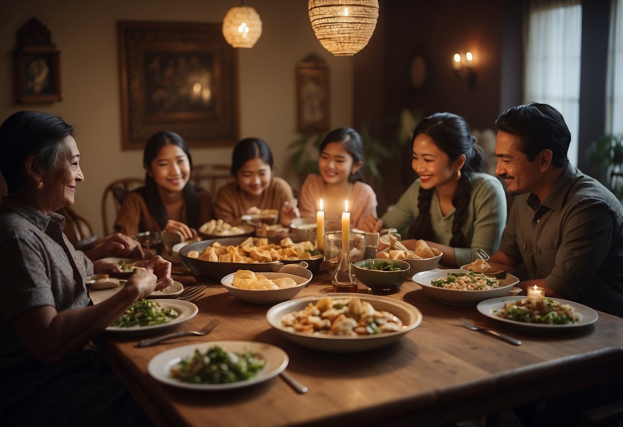 A family gathering around a table, sharing traditional dishes and passing down stories. Decorations and artifacts representing their cultural heritage adorn the room