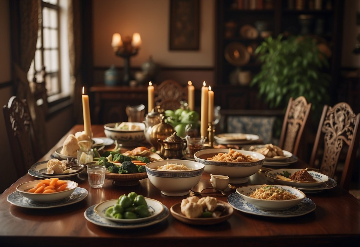 A family dining table with traditional dishes, cultural artifacts on display, and a calendar marking important cultural holidays