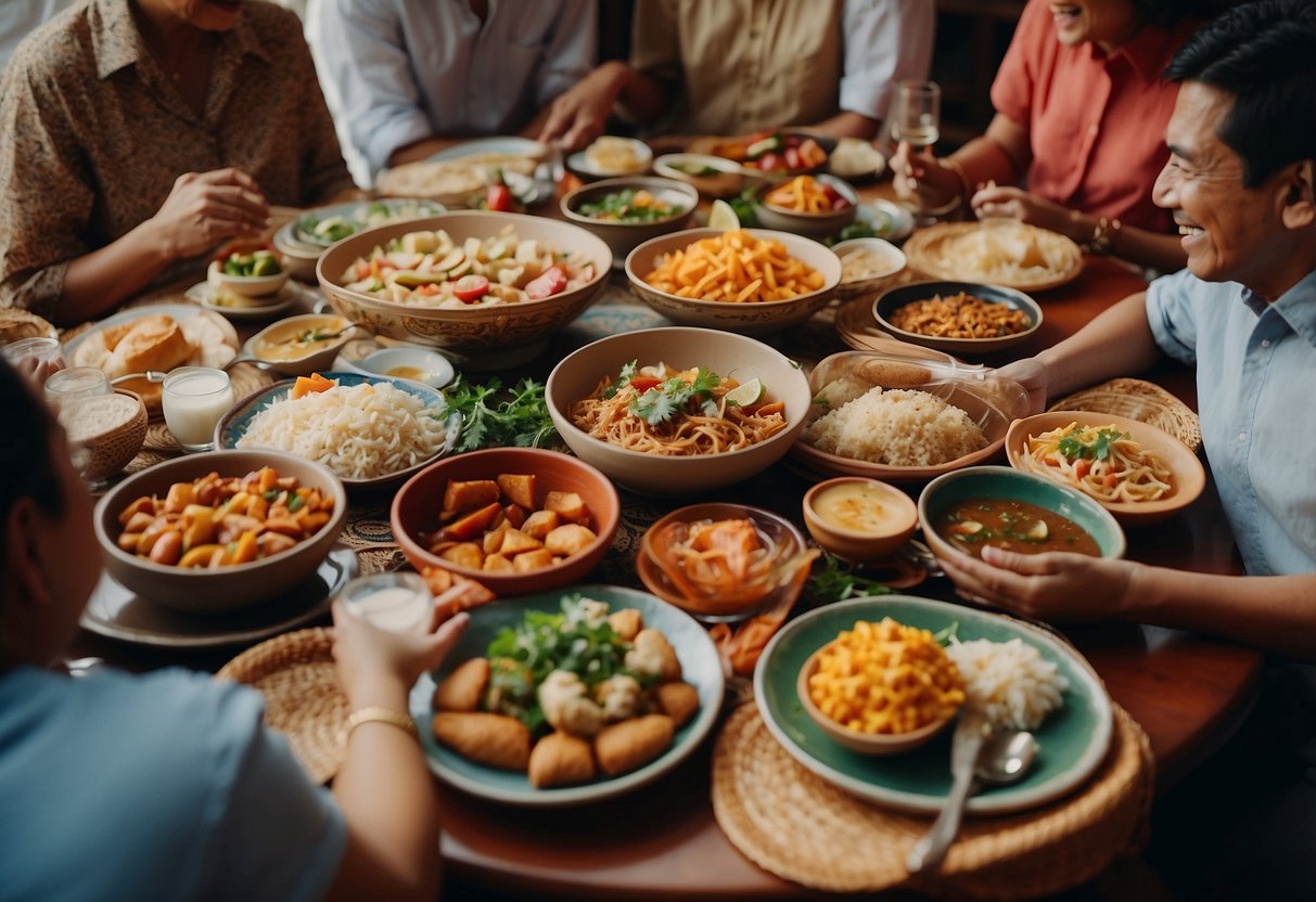 A table adorned with colorful traditional dishes, surrounded by people of different ages and backgrounds, sharing stories and laughter