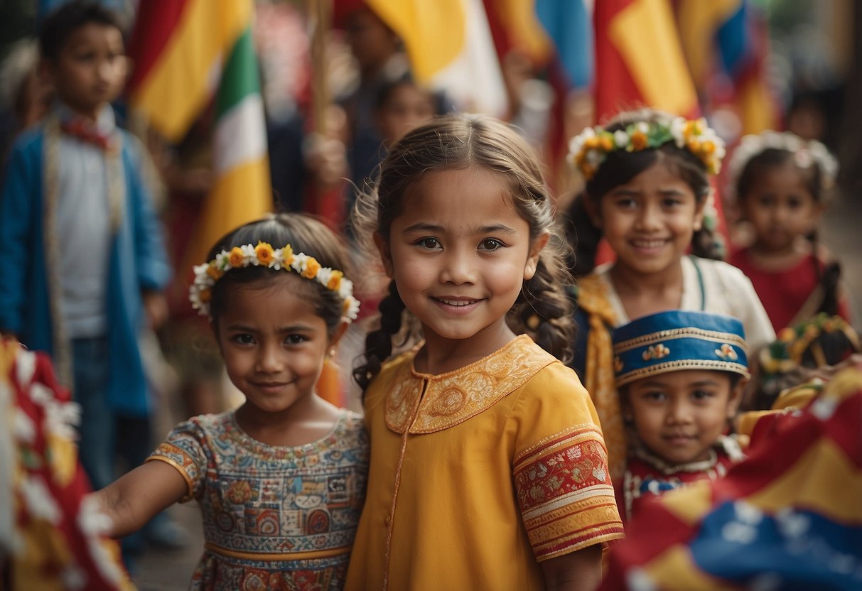 Children celebrating cultural traditions through food, music, dance, and clothing. Flags, artwork, and books representing their heritage. Family photos and heirlooms displayed proudly