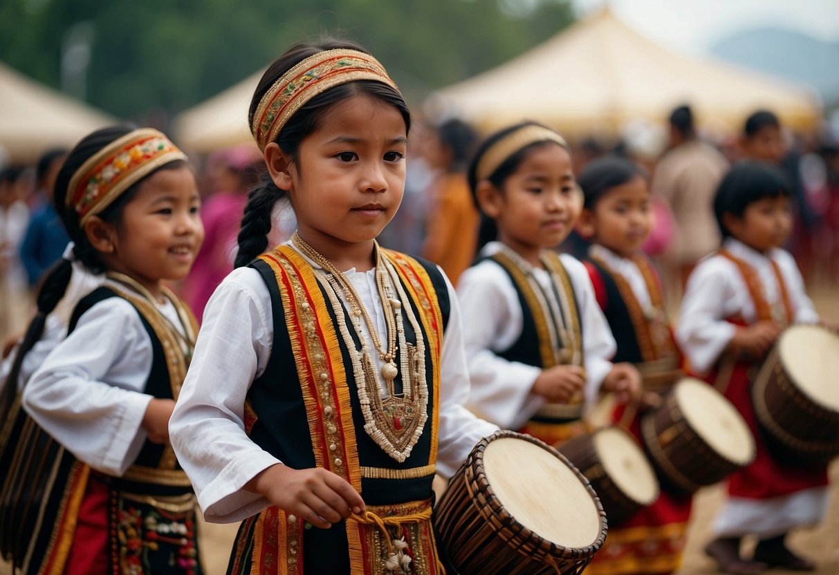 Children dancing, playing traditional instruments, and wearing traditional clothing at a cultural festival