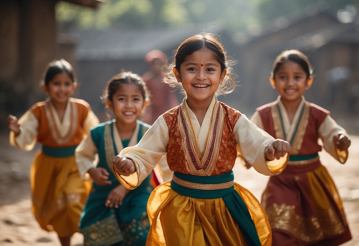 Children in traditional attire, moving gracefully in a circle, with bright smiles and focused expressions, as they learn a traditional dance