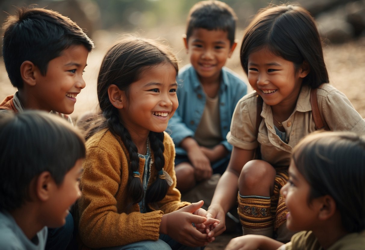 A group of children happily conversing in their native language, surrounded by cultural symbols and artifacts