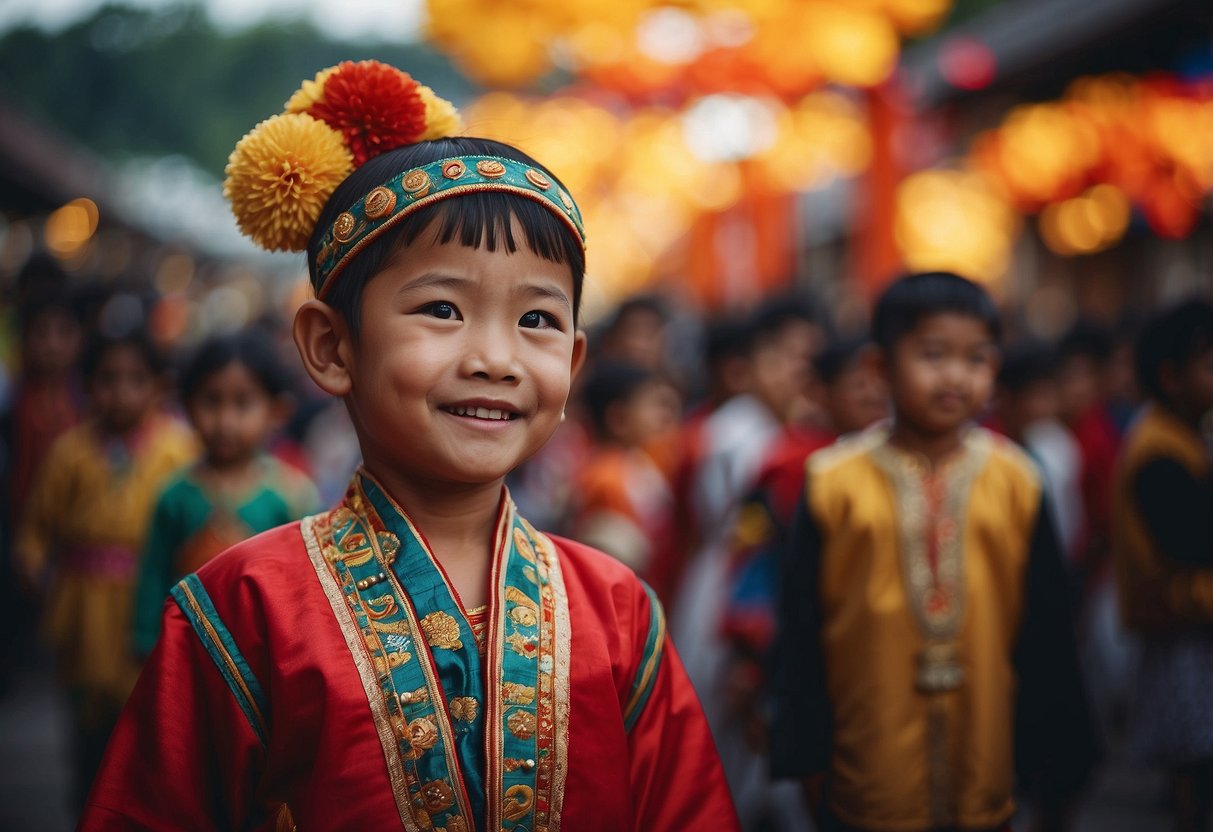 A child in traditional clothing proudly displays cultural symbols, dances, and participates in cultural activities with enthusiasm and joy