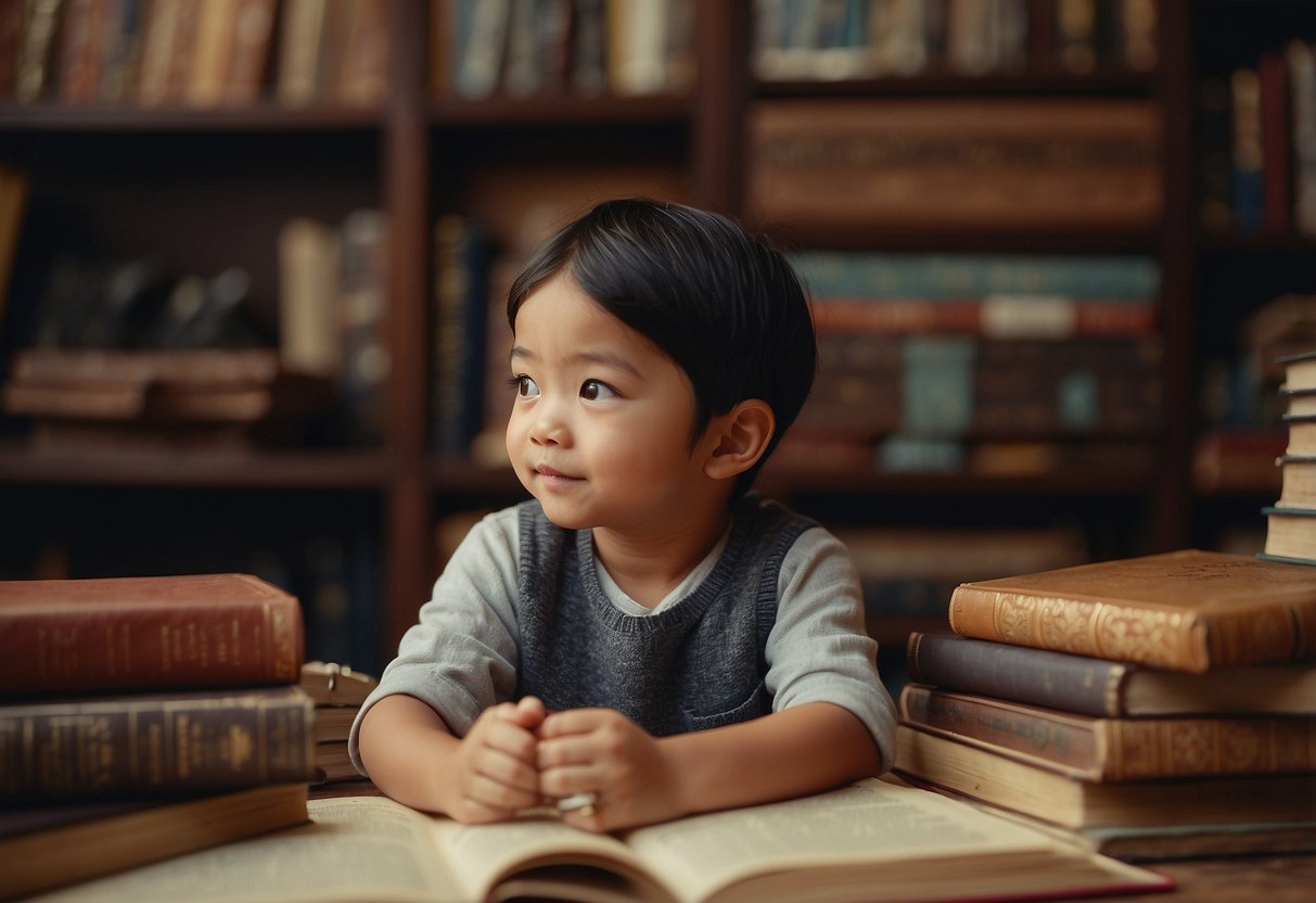 A child surrounded by cultural symbols, books, and artifacts, displaying pride and curiosity in their heritage