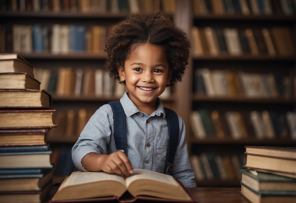 A child surrounded by books from their cultural background, smiling and pointing to a map or flag representing their heritage