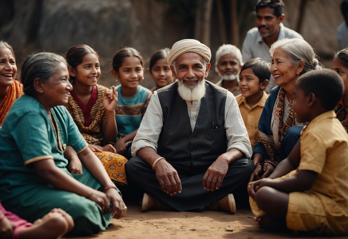 A group of community elders sitting in a circle, sharing stories and traditions with a group of children. The children are engaged and excited, showing signs of pride and connection to their cultural identity