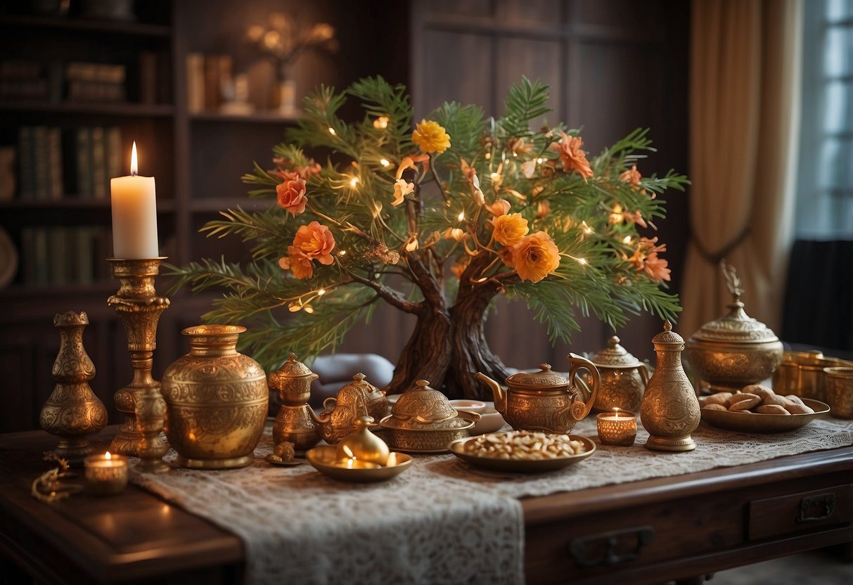 A table adorned with various cultural symbols and artifacts, representing diverse traditions. A family tree adorned with different cultural elements, intertwining and blending together