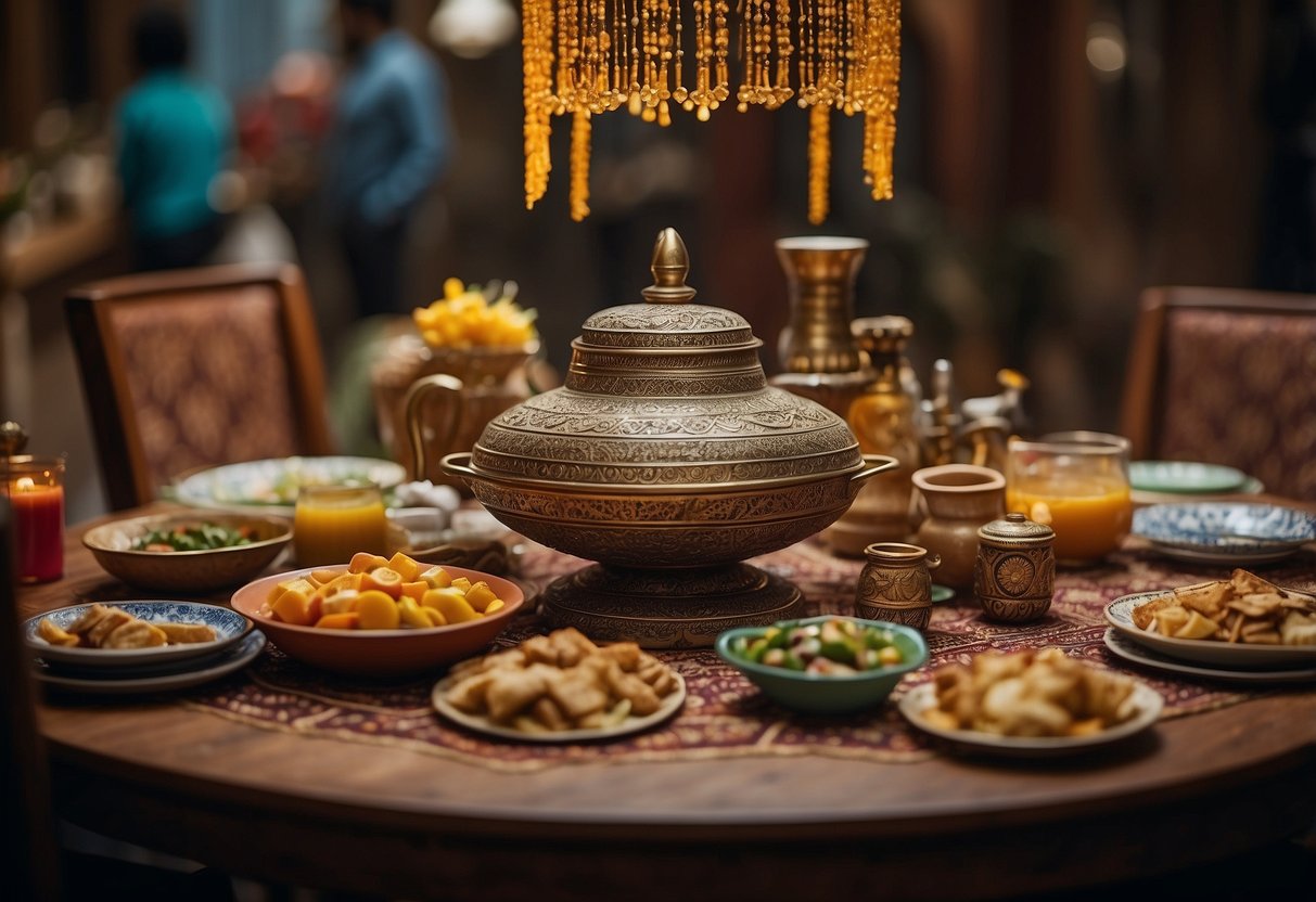 A dining table adorned with diverse cultural decorations and symbols, surrounded by family members of different ethnic backgrounds sharing traditional dishes and engaging in cultural activities