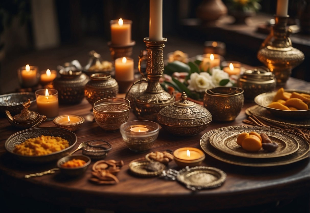 A table set with diverse cultural symbols and artifacts, surrounded by family members engaging in shared rituals