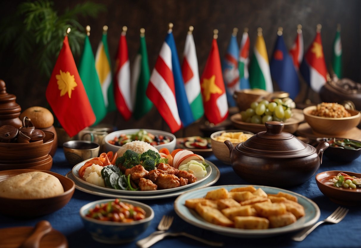 A table set with various cultural dishes, flags and symbols from different countries, books on language learning, and a globe as a centerpiece