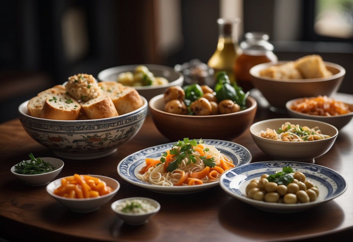 A table set with dishes from different cultures, representing fusion cuisine. A map or globe in the background to symbolize global influences