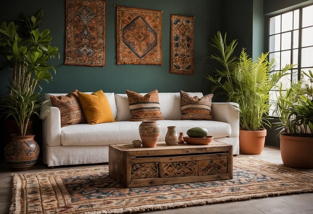 A living room with a mix of cultural decor: Moroccan rugs, Chinese porcelain, Indian textiles, African art, and Mexican pottery. Plants and natural materials add warmth