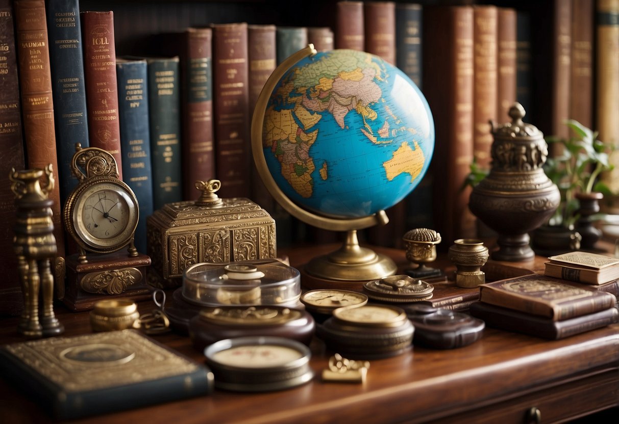 A table adorned with various cultural artifacts and symbols, representing a blend of traditions. A bookshelf filled with stories and histories from different cultures. A globe and map showcasing diverse geographical origins