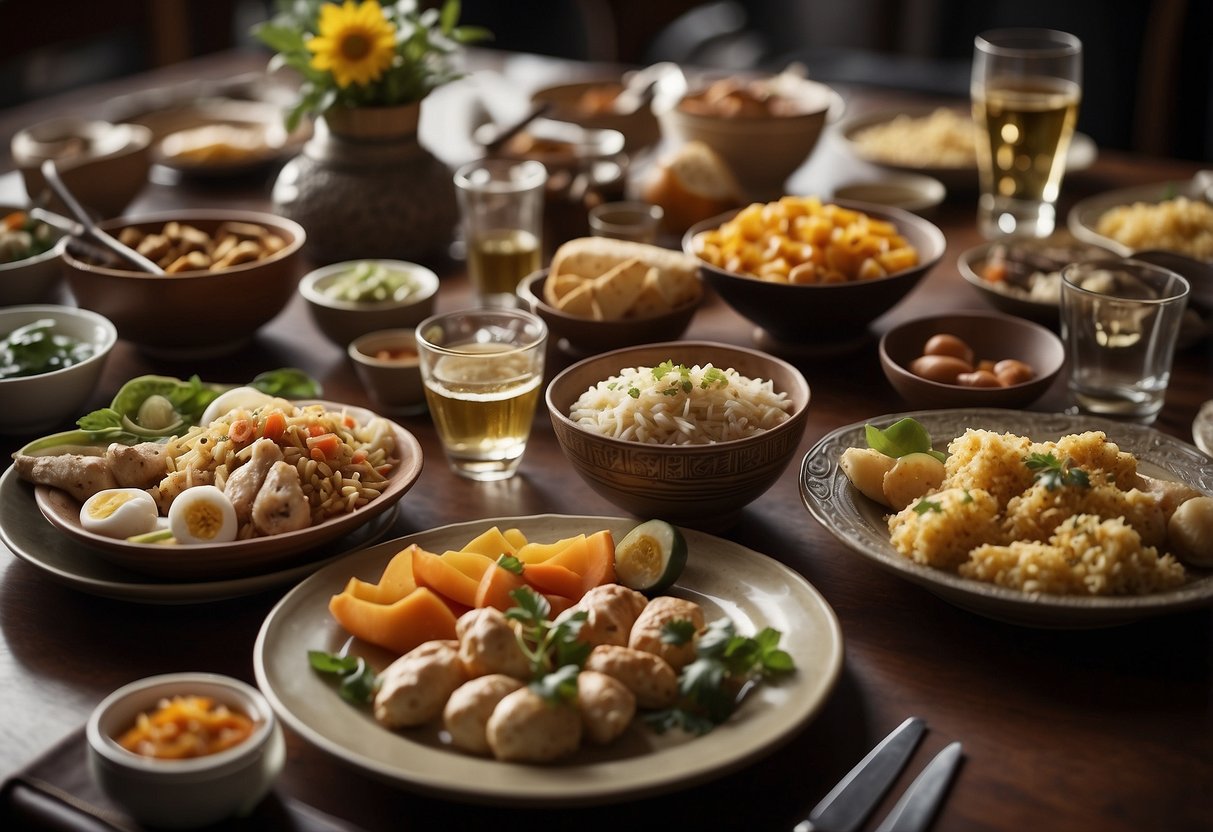 A table set with various cultural dishes, surrounded by symbols of different traditions (flags, artifacts), with a diverse group of people engaged in conversation