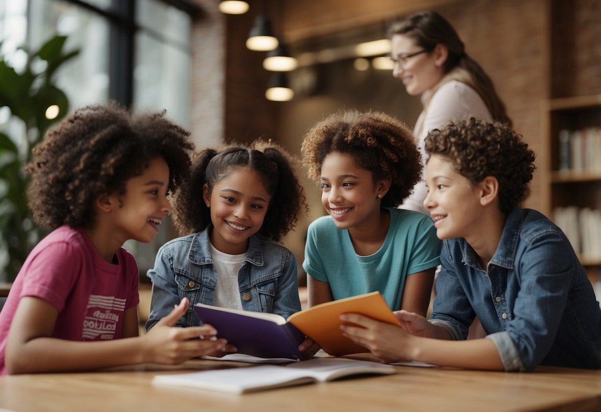 A diverse group of children and adults engage in open and respectful conversations about racial and cultural bias, using visual aids and books to facilitate understanding and empathy