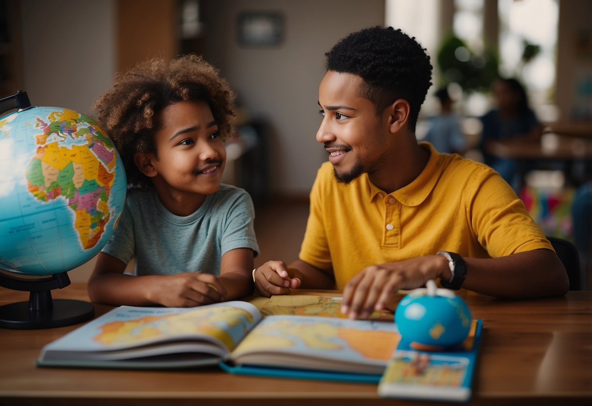 A child and parent sit at a table with books and toys. The parent holds a book about diversity while the child listens attentively. A globe and map are nearby, representing different cultures