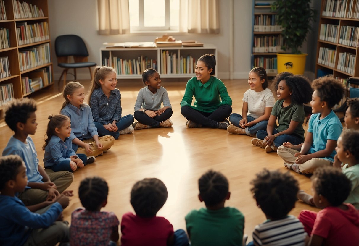 A diverse group of children and adults sit in a circle, engaging in open conversation about racial and cultural bias. Books and educational materials are scattered around the room, creating a welcoming and inclusive atmosphere