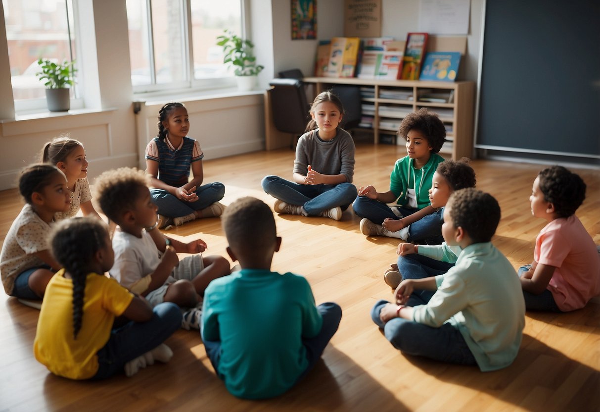 A diverse group of children sit in a circle, listening attentively as an adult leads a discussion on racial and cultural bias. Books and posters on diversity and inclusion decorate the room, creating a welcoming and educational environment