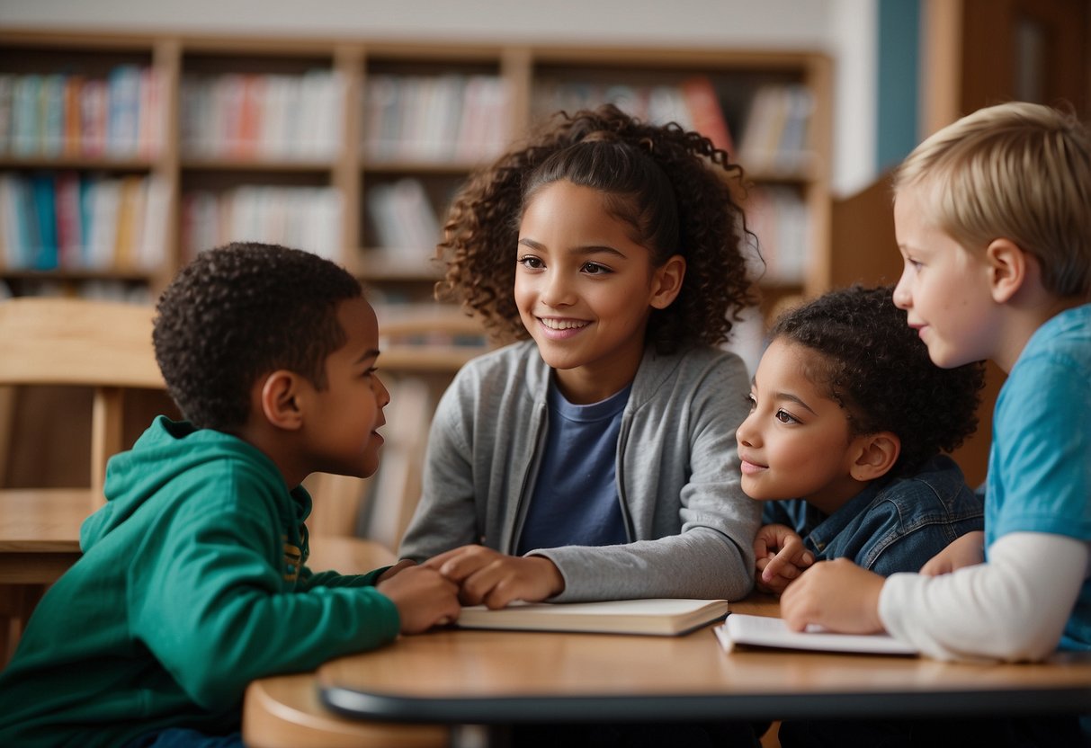 A diverse group of children engage in a thoughtful discussion about racial and cultural bias, guided by a parent or educator. Books and resources on the topic are visible in the background