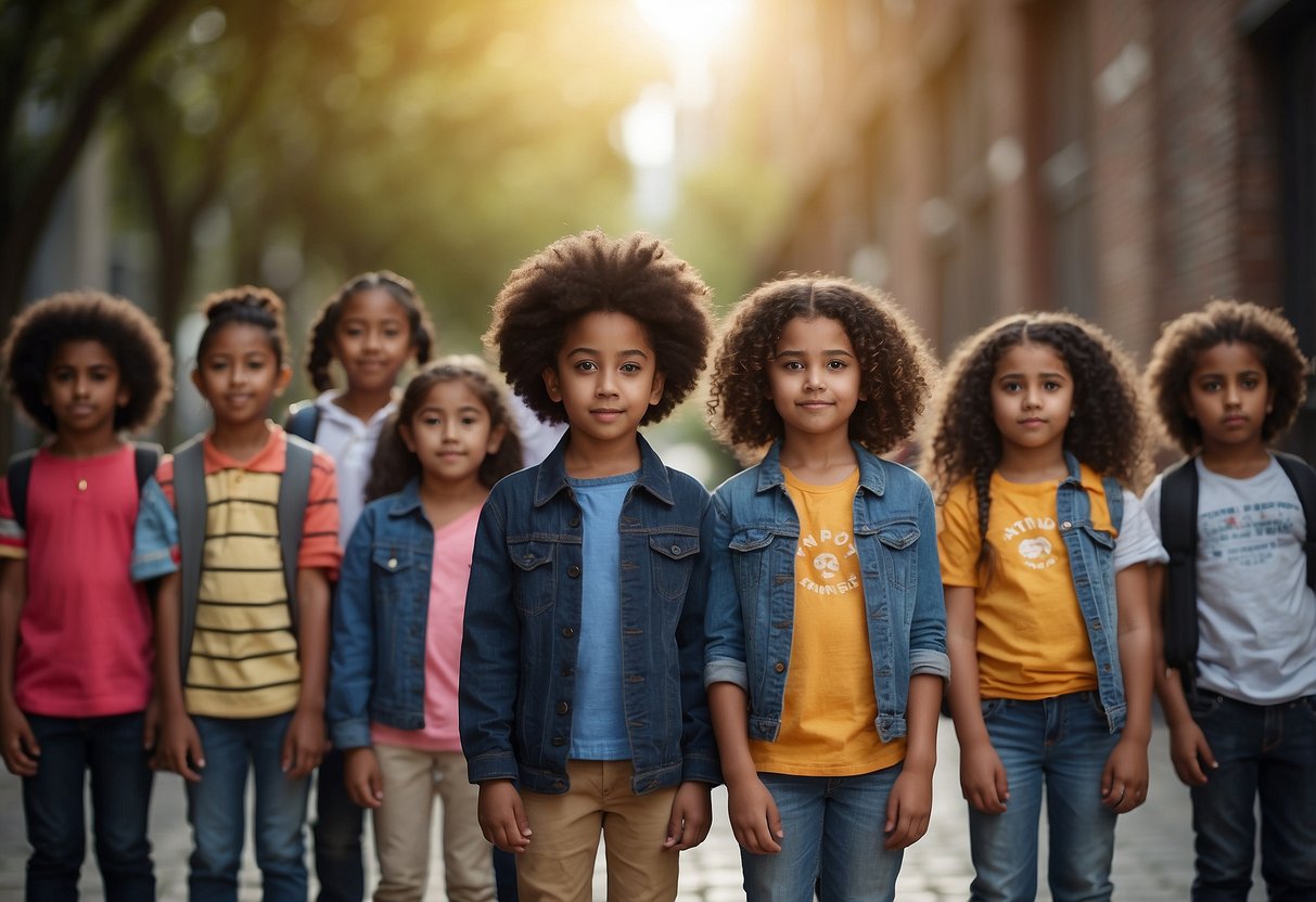 Children challenging stereotypes: diverse group, standing tall, confident expressions, breaking chains labeled with stereotypes, surrounded by empowering symbols