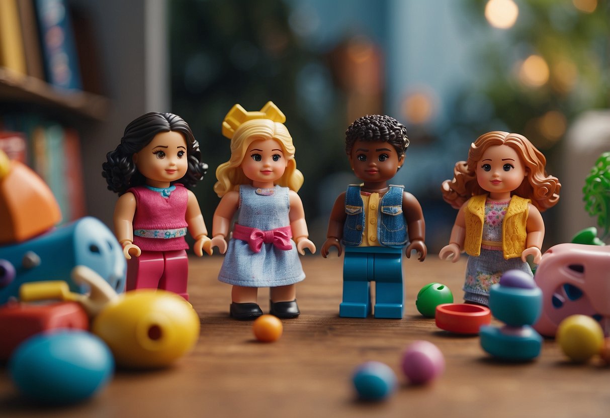 A group of children challenging traditional gender stereotypes through play and conversation. Toys and books are scattered around, showing diversity and inclusion