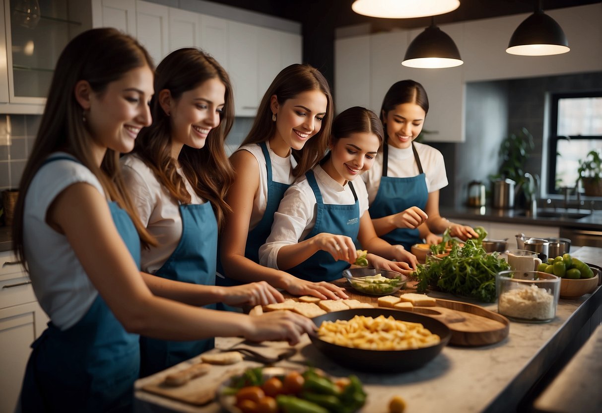 A group of girls confidently cooking in a kitchen, challenging the stereotype that women are better at cooking