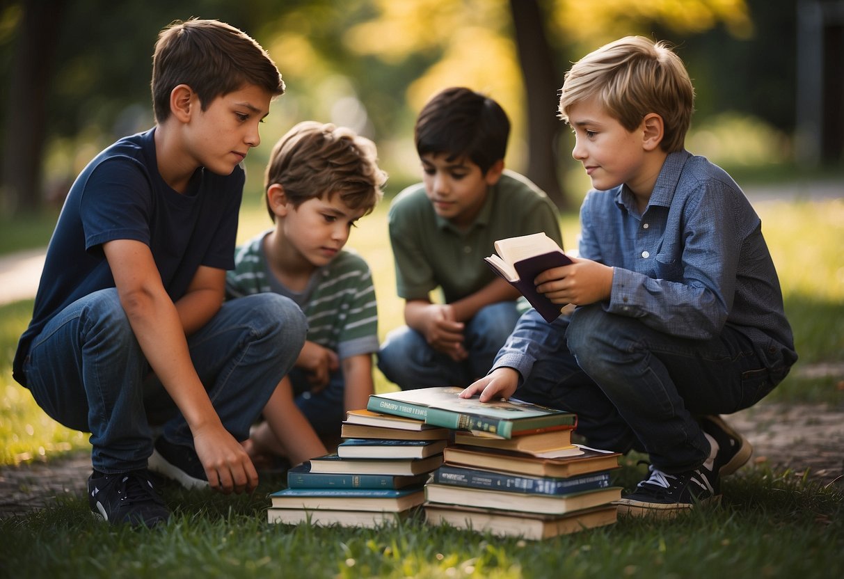 A pile of books sits untouched while a group of boys play outside, challenging the stereotype that boys don't like to read