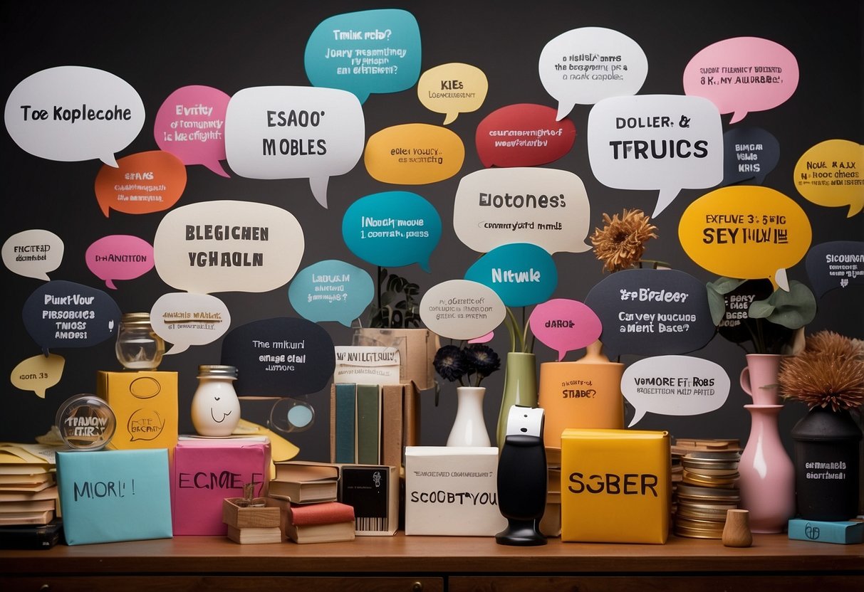 A group of objects labeled with common stereotypes (e.g. gender roles, racial biases) surrounded by question marks and thought bubbles