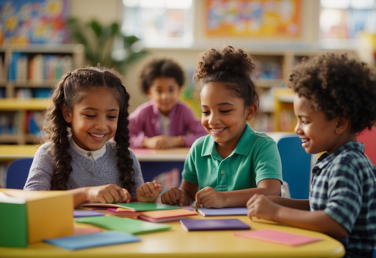 Children of various ethnicities playing together, reading diverse books, and learning about different cultures in a colorful and inclusive classroom setting