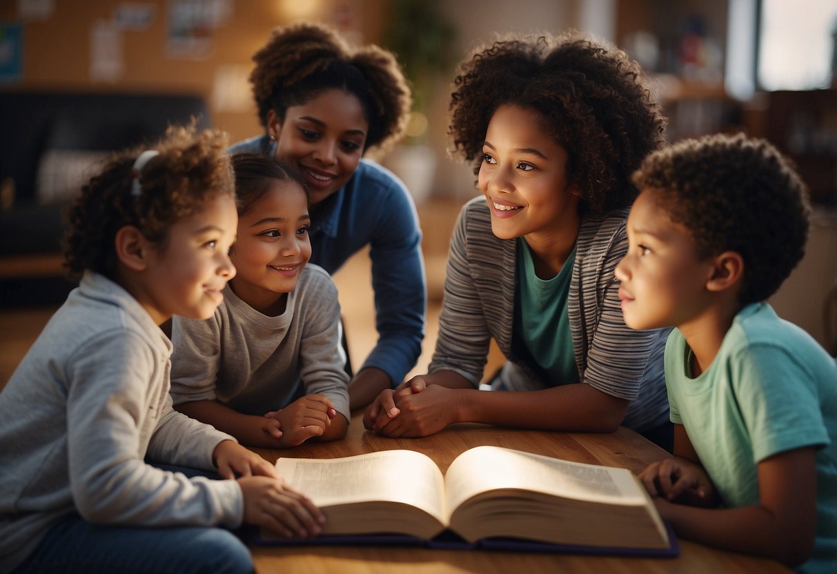 Children gather around a book, listening intently. The illustrations show diverse characters sharing experiences and emotions. A parent or teacher guides the discussion, promoting empathy and understanding