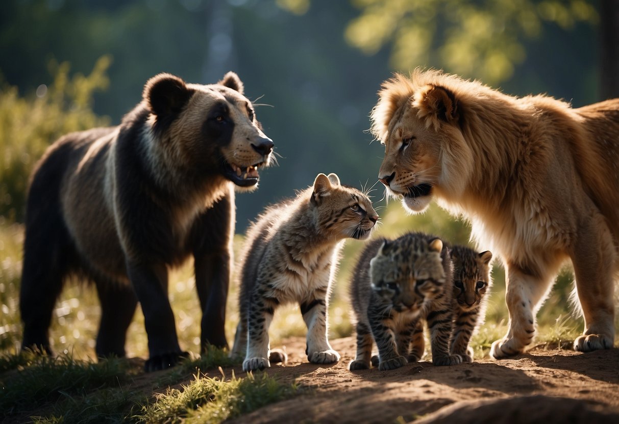 A group of different animals playing and interacting together, showing unity and friendship despite their differences