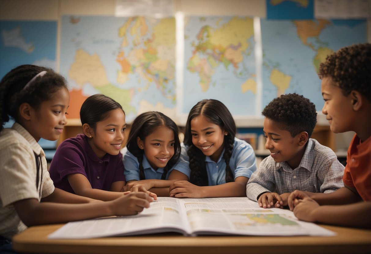 A classroom with diverse historical figures on posters, books, and maps. Children engaged in discussions and activities promoting empathy and understanding