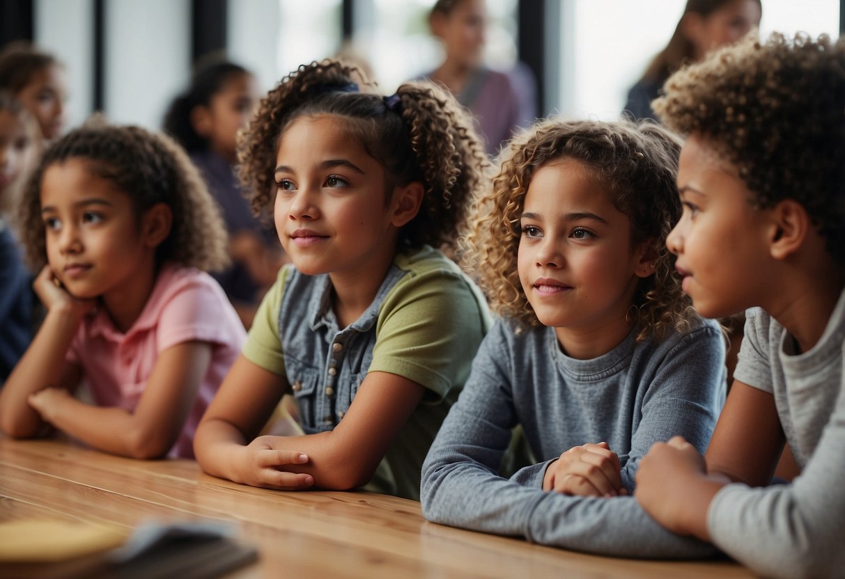 A diverse group of children engage in open discussions, using active listening and respectful communication. They explore various techniques for standing against prejudice, promoting empathy and understanding