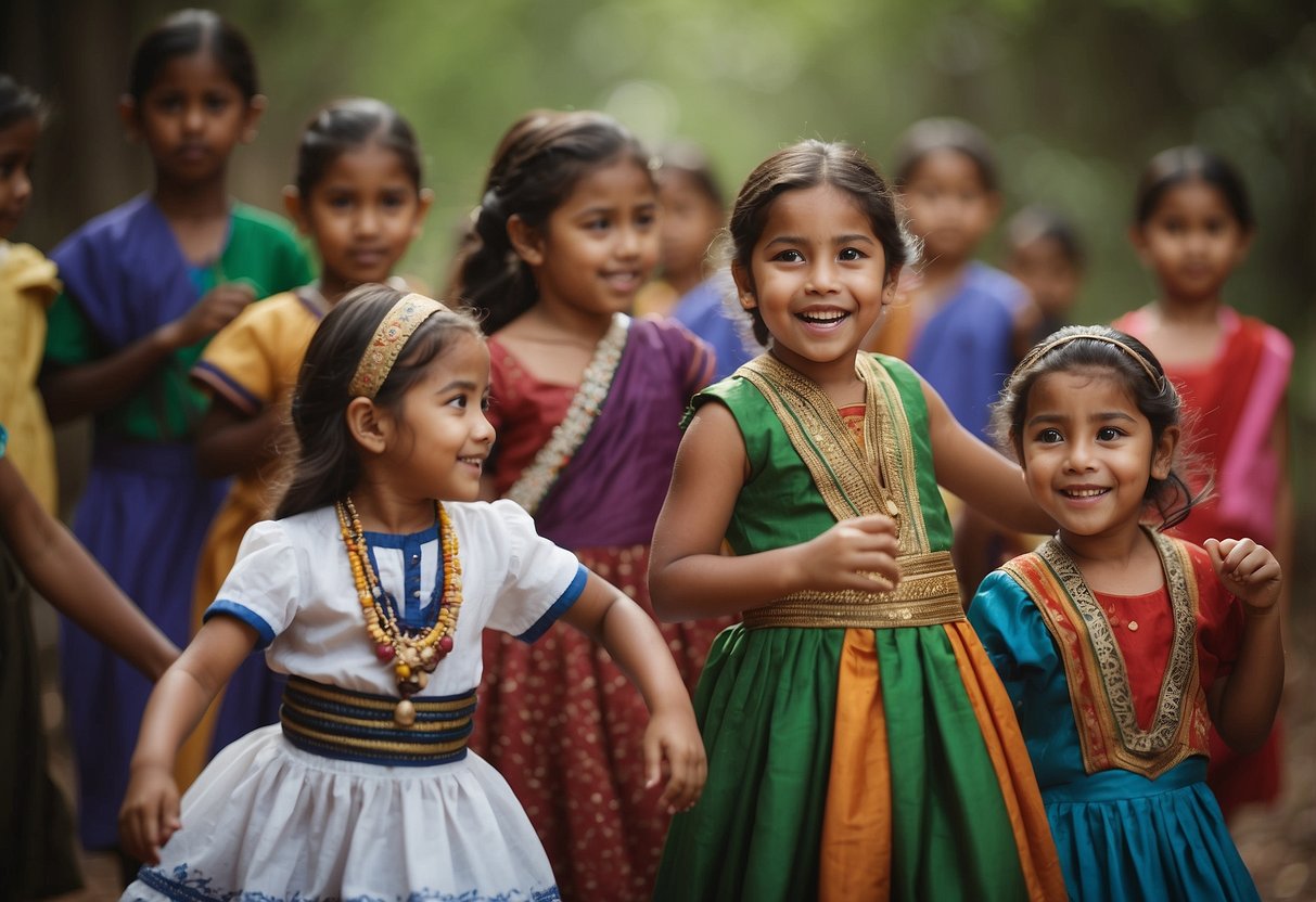 A diverse group of children playing together, showcasing their unique cultural backgrounds through traditional clothing, music, and dance