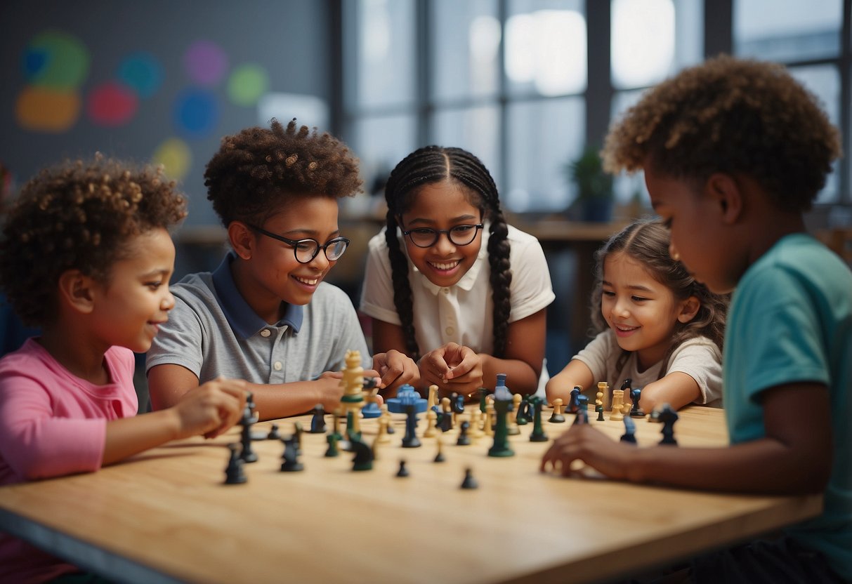 A diverse group of children engage in activities that promote critical thinking and empathy, such as discussing different perspectives and collaborating on projects