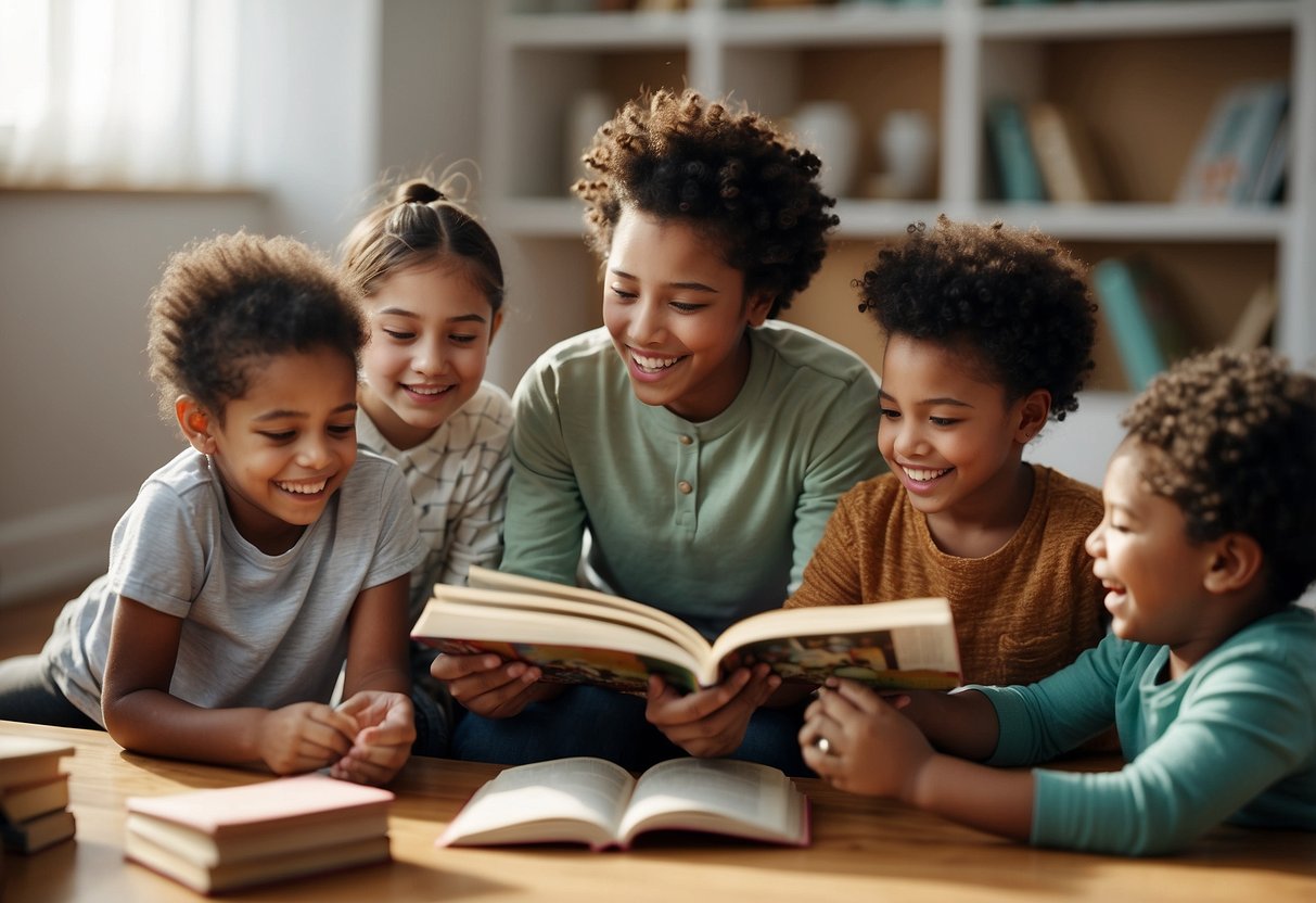 A diverse group of children playing together, sharing toys and laughing. A parent reading a book about raising kids who stand against prejudice