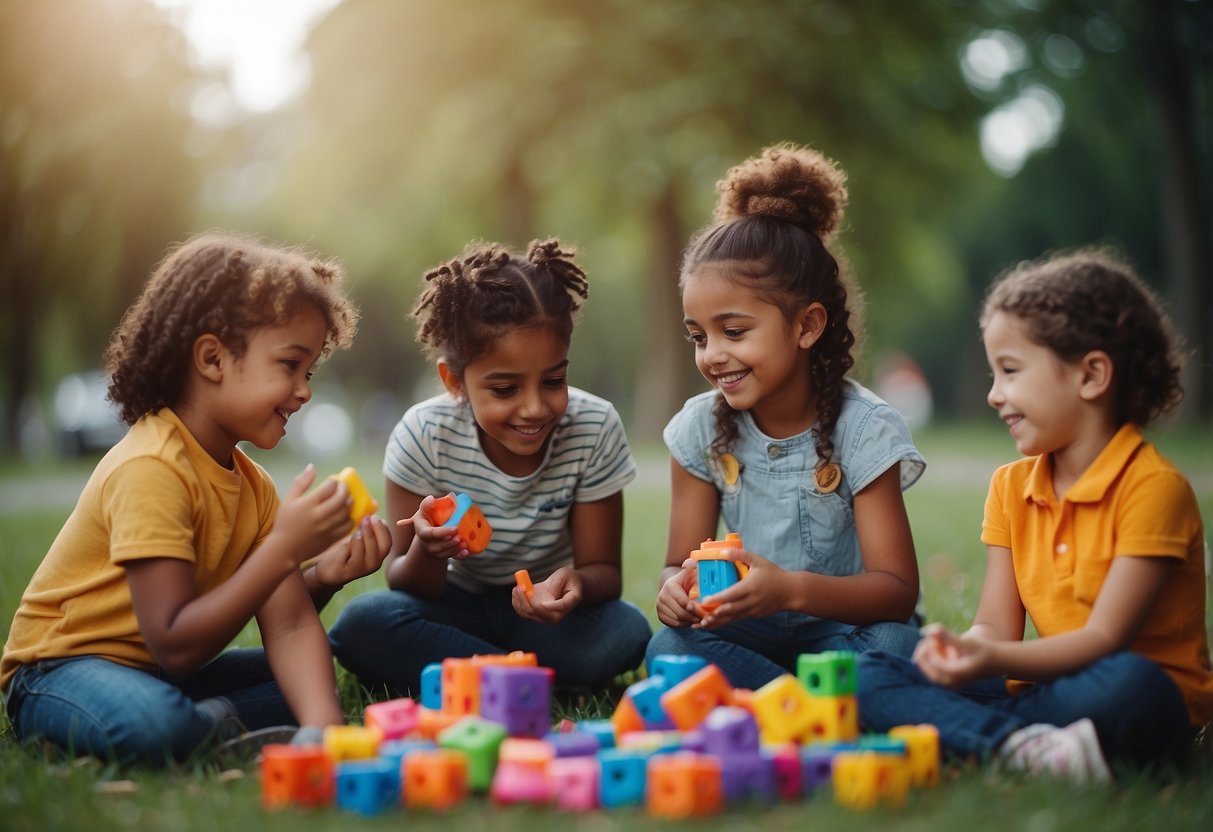 Children sharing toys, helping each other, and listening to diverse stories. A diverse group of kids playing together, showing kindness and understanding