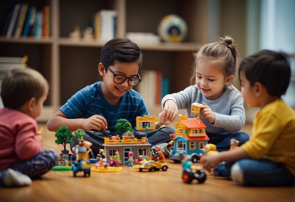 Children playing with diverse toys, reading books with diverse characters, watching educational videos, engaging in group discussions, and participating in role-playing activities