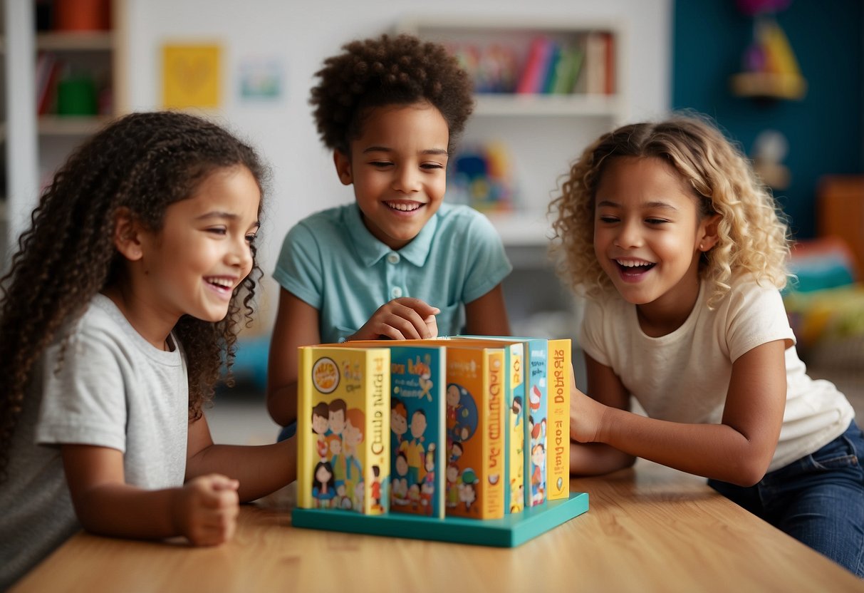 Children playing together, sharing toys and laughing. Reading diverse books, discussing different cultures. Drawing pictures of people from various backgrounds. Watching educational videos on equality. Participating in group discussions about stereotypes